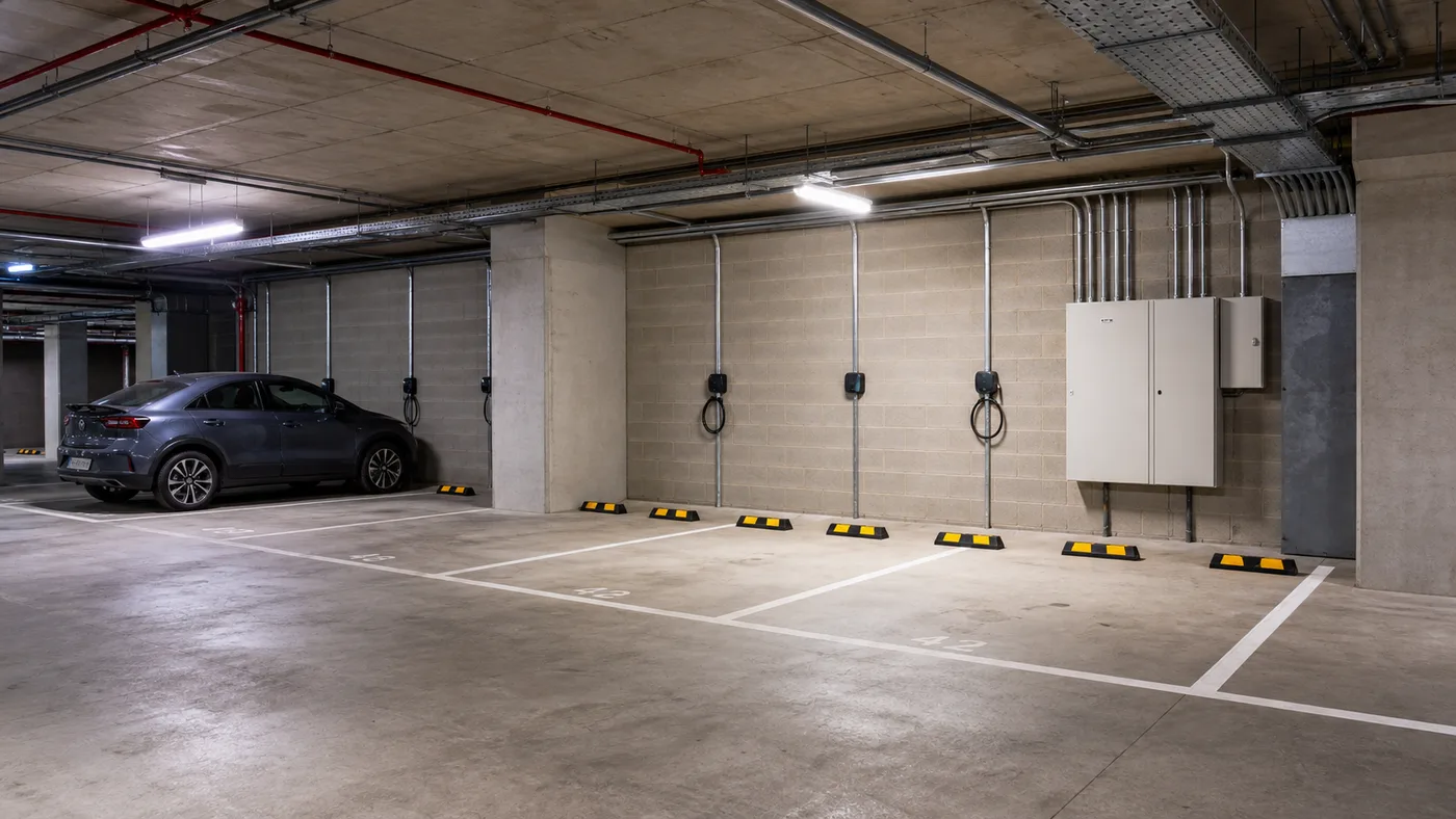 EV-ready electrical infrastructure installed across apartment parking bays