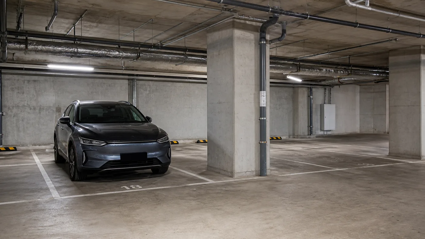 An electric car parked in an apartment basement bay without a nearby charger