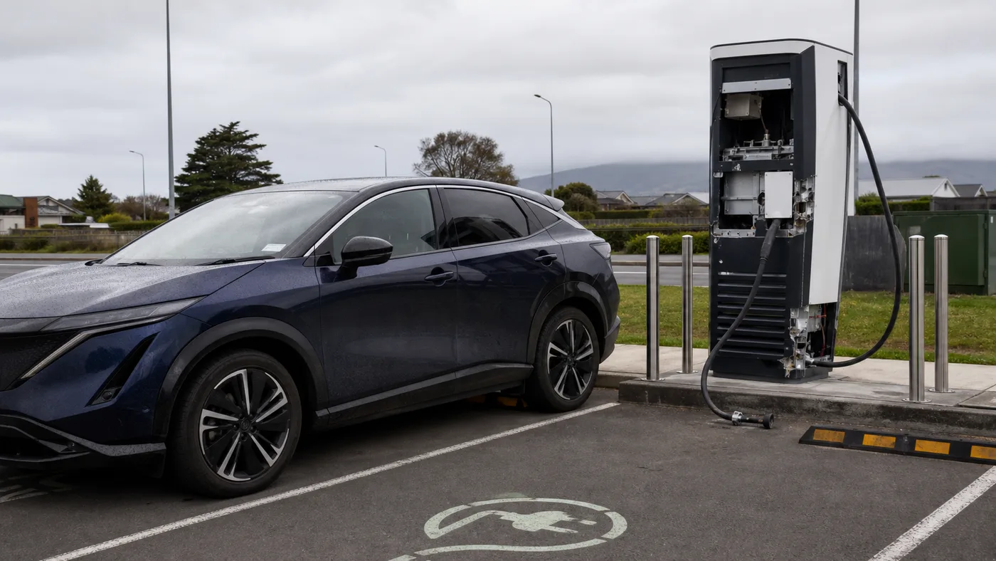 An electric car parked beside a broken public fast charger
